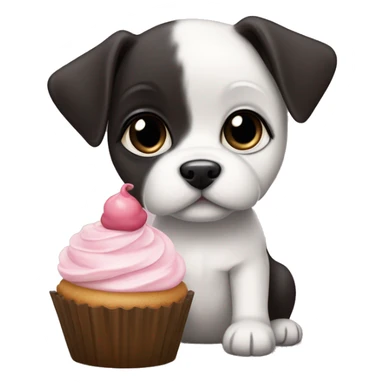 Cute big eyed Black and white teddy Roosevelt terrier puppy (no brown) eating a cupcake sticker
