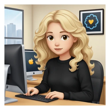 pretty brown-eyed blonde young woman with wavy hair, wearing a black sweater, working on a computer in a cozy office sticker