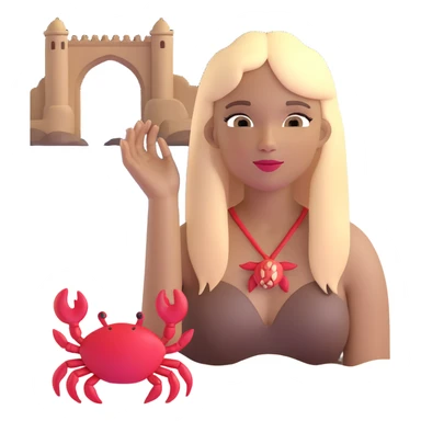 woman with long straight darker blonde hair, light brown skin, with the three iconic arches of Atalaia Beach (Aracaju-SE) in the background, and a small crab as a detail near her sticker