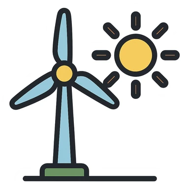 colorful outlined icon of a wind turbine and sun sticker