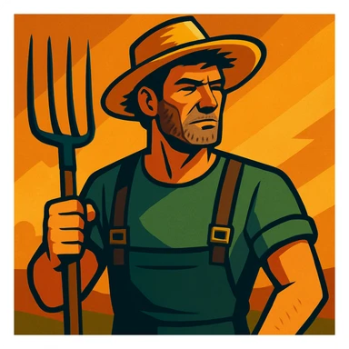 vibrant toon style illustration of a rugged middle-aged farmer, sun-bleached face, black hair, strong jaw, stubble, green trousers, suspenders, green T-shirt, straw hat, holding pitchfork, dramatic warm golden-brown background, bold lines, mix of warm and cool lighting, rustic rural America vibe sticker