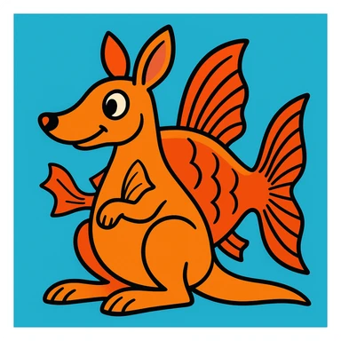 an orange kangaroo with fish fins and tail, whimsical, bold lines sticker