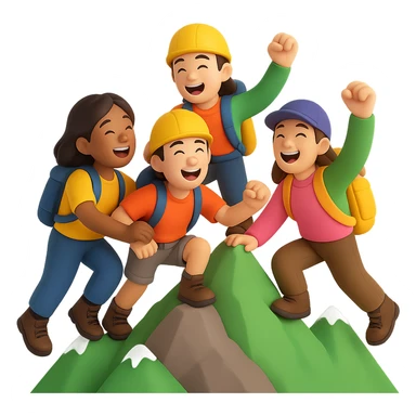 Illustrate a group climb with several people climbing a mountain together, all laughing joyfully and full of energy. Maintain the 3D emoji style and ensure the background is removed for a clean look. sticker