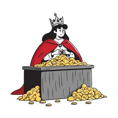 Fantasy merchant king with red cape and crown, counting gold coins, DnD style character sticker