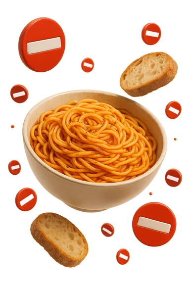 bowl di pasta e fettine di pane che fluttuano in aria con piccoli divieti 3d, sfondo bianco, iperrealistico 4k sticker