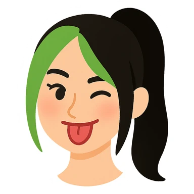 Create a soft cartoon face of Billie Eilish's head with simple features, in the style of the reference image. Use green and black hair. No background. sticker
