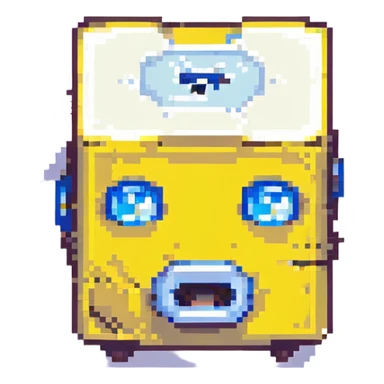 Geometry Dash inspired emoji, yellow cube with blue eyes and mouth, pixel art style sticker