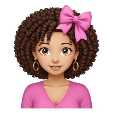 Naturally tan skin girl short darkBrown curly afropink shirt very long lashes hoop gold earrings Brown eyes gyaru smiling closed mouth cute bow hairclip small on the side. V neck pink shirt sticker