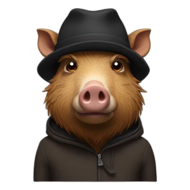 Sad brown boar with stubble in a black winter hat sticker
