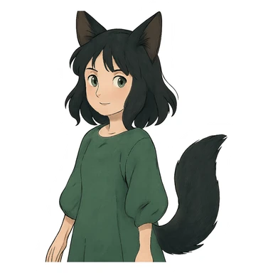 a girl with black fox ears and a tail, green eyes, dark hair sticker