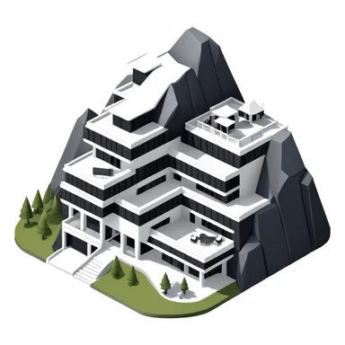 Isometric exterior black and white mountain resort hotel, modern dollhouse style 3D realistic  sticker