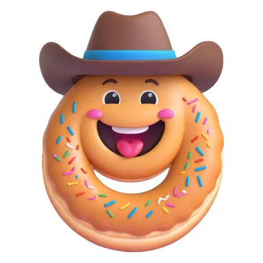 doughnut with a wide smile and a classic cowboy hat, fun emoji style sticker