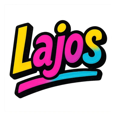Lajos name in modern colorful gradient font with dark outline, dynamic slanted or partial underline, transparent background, in the style of reference patterns sticker