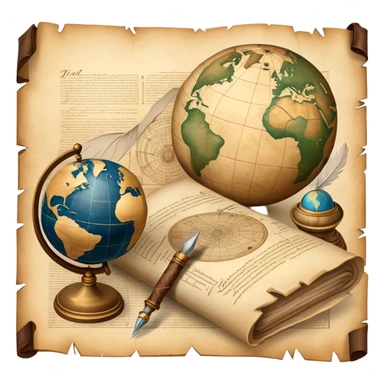 An icon featuring an ancient scroll, a quill pen, and a globe, symbolizing the study of history. The design includes a timeline with significant historical events, with ruins in the background to evoke past civilizations. Transparent background emphasizes the exploration of human history sticker