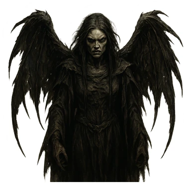 A dark angel with tattered wings and a fierce expression, in a dark, eerie fantasy style. sticker