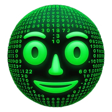 Futuristic 3D emoji made of glowing green Matrix code, digital rain background, cyberpunk neon glow, dark black backdrop, minimalist rounded face, high contrast, cinematic lighting, ultra-sharp, high resolution. sticker