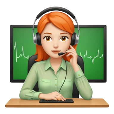 a woman sitting in the office, wearing a blouse and a headset. she is controling the limits on screen. green = ok, orange = am Limit, rot = überschritten sticker