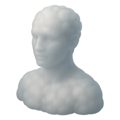 person looking straight, fully made of white fluffy convex clouds, shoulders up, matte glass style sticker