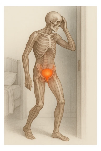 CORPO UMANO ANATOMICO CHE SI SVEGLIA LA NOTTE PER SVUOTARE LA VESCICA, VESCICA ANATOMICA IN EVIDENZA, SFONDO CHIARO NEUTRO sticker