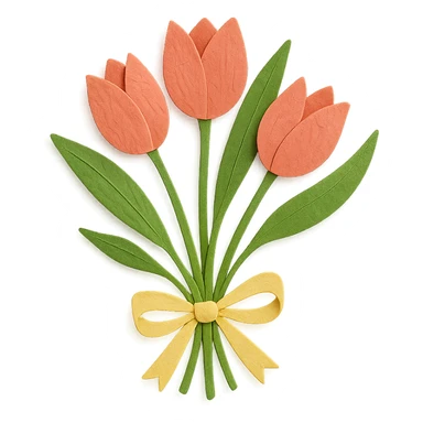 tulip bouquet with ribbon, delicate paper layers, naturalistic pose, expressive leaves and stems sticker