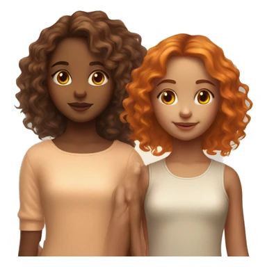 serene two girls. one has wavy brunette hair and the other has natural soft orange hair delicate fringe. standing together holding hands in gentle light. calm and content. hyper-realistic soft textures fine details glow on skin sticker