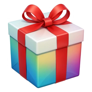 A square gift box tied with a bright red ribbon, in Apple iPhone emoji style. Vibrant colors, smooth gradients, glossy highlights, clean simple shapes, no outlines, slight 3D depth. sticker