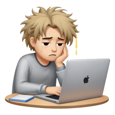 Create an emoji of a tired person sitting at a laptop, looking exhausted and frustrated. They have slouched posture and messy hair, representing overwork and burnout. sticker