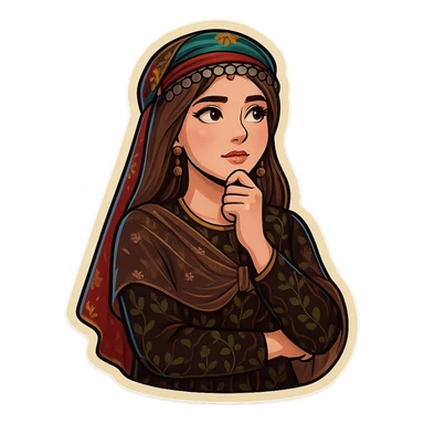 Kurdish cartoon sticker of the same woman in the new dress, thinking, hand on chin, looking up, thoughtful expression, no text, transparent background sticker