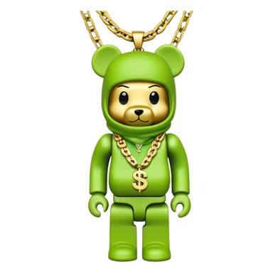bearbrick with cube head in lime green balaclava tagged with multiple logos in graffiti style, wearing stacked gold chains, gold dollar sign pendant, luxury hip hop look sticker