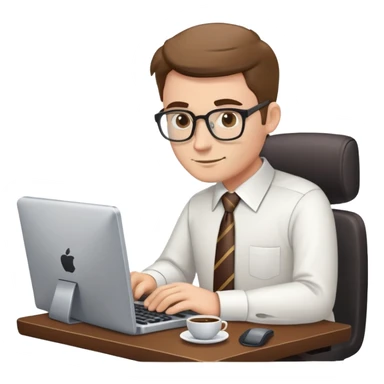 white journalist man in shirt and tie, typing on a computer, coffee cup nearby sticker