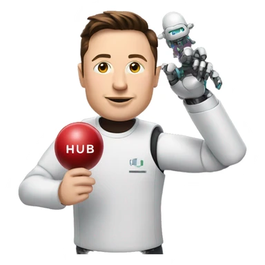 Elon musk holds a robot on his hand with the inscription digital hub sticker