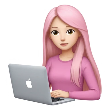 Mujer lacia peli larga y peli larga  en una MacBook rosa investigando y haciendo tareas con un libro de apuntes y con cara muy linda como modelo sticker