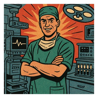 A male doctor standing in the middle of a hospital surgery room.  In the room are computers, heart monitors, a rack of test tubes and other types of medical technology. sticker