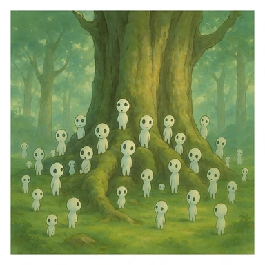 multiple forest spirits gathered around an ancient tree, magical atmosphere, soft colors, ghibli style sticker