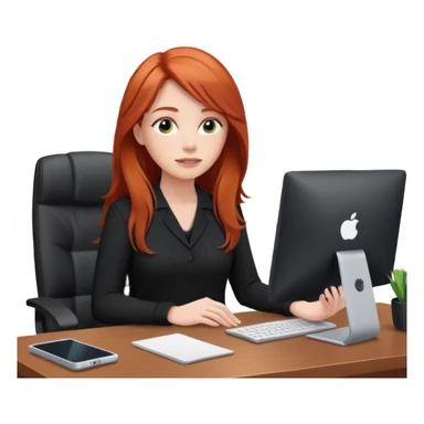 Video call therapy session: red-haired therapist with long hair wearing black minimalist clothing, seated in a professional home office, looking at the webcam; calm, modern teletherapy setting sticker