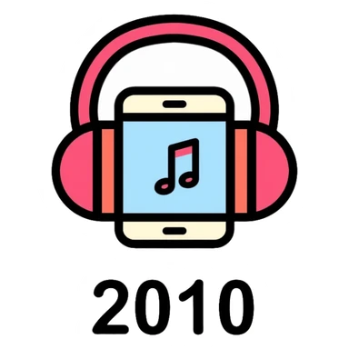Music icon with headphones, smartphone, and "2010" text sticker