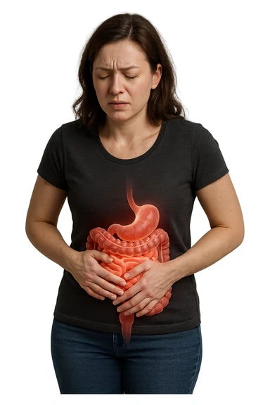 donna in piedi che si tiene la pancia con intestino umano anatomico e mal di pancia, iperrealistica 4k sticker