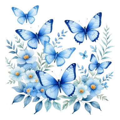 "A delicate watercolor painting of blue butterflies and dragonflies fluttering among soft floral patterns."
 sticker