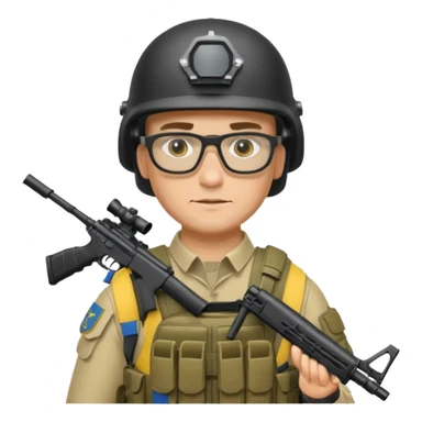 Ukrainian intelligance agency warrior man in platecarrier with nato riffle in helmet and glasses sticker