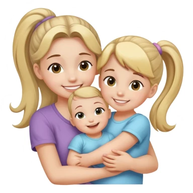 Teenage girl with ponytail embracing a baby and her little sister, loving family sticker