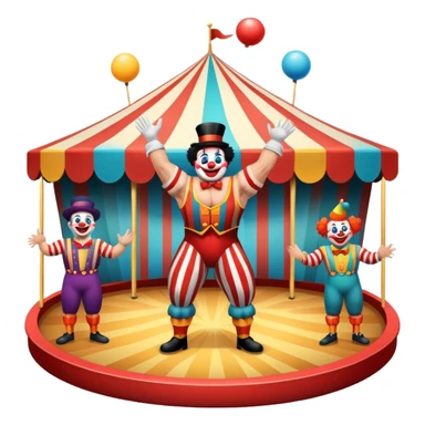 Icon for Circus Arts: a grand vibrant round circus arena with a strongman in a striped costume,  juggler and a clown performing. The icon should convey the excitement and fun of circus performances, with focus on the performers and the colorful setting. Transparent background. sticker