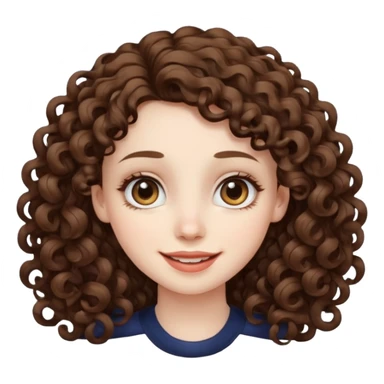 Light brown eyed female with pale skin. She has big eyes, curly and long dark brown hair and thin lips smiling. sticker