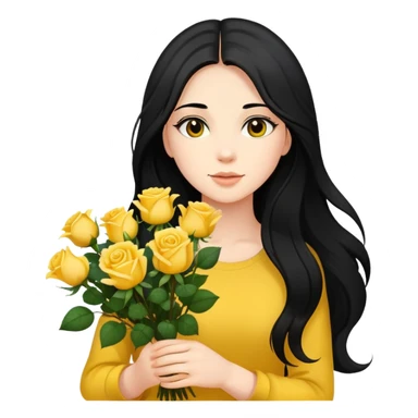 Beautiful girl with long black hair holding a bouquet of yellow roses sticker