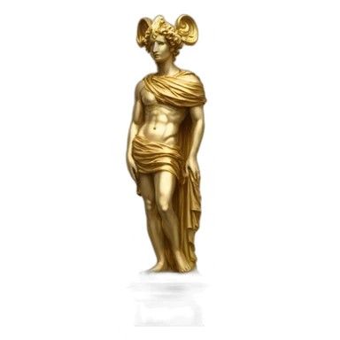 distant view of full length abstract renaissance statue of colorful figure with mask on gold glittering greek style plinth, 4K resolution sticker