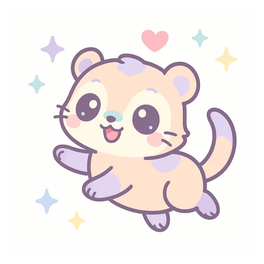 kawaii cartoon baby ferret, playful pose, little heart above head, soft pastel colors, simple background sticker