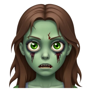 Girl zombie with long brown hair, green skin, black eyes with dark circles, and frightening expression sticker