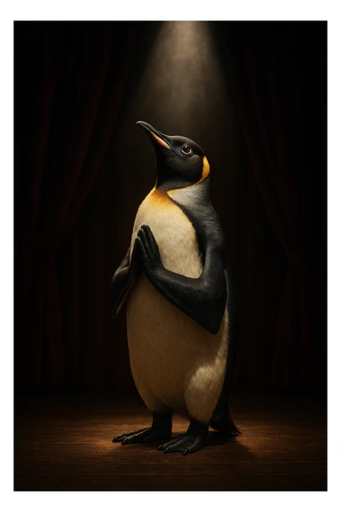 a penguin with dramatic lighting, looking upwards with flippers together in a pleading gesture, praying, theatrical style, stage-like background sticker