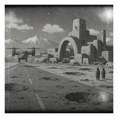 8mm film black and white, no color, light leaks. the image shows post-war reconstruction-era life in the z'rian commonwealth capital region, santa-fe neo-adobe futuristic architechture. arctic temperate region. the image shows a vast airstrip, craters and blast marks sticker