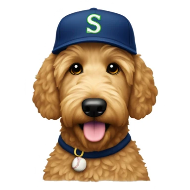 Golden doodle with Seattle baseball hat sticker