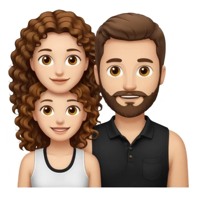 Criar Casal - Homem branco de cabelo liso e olhos marrom, com barba, usando camisa polo preta e mulher de pele branca cabelo cacheado marrom longo e olhos mel, usando uma regata branca, quero ela sorrindo sticker
